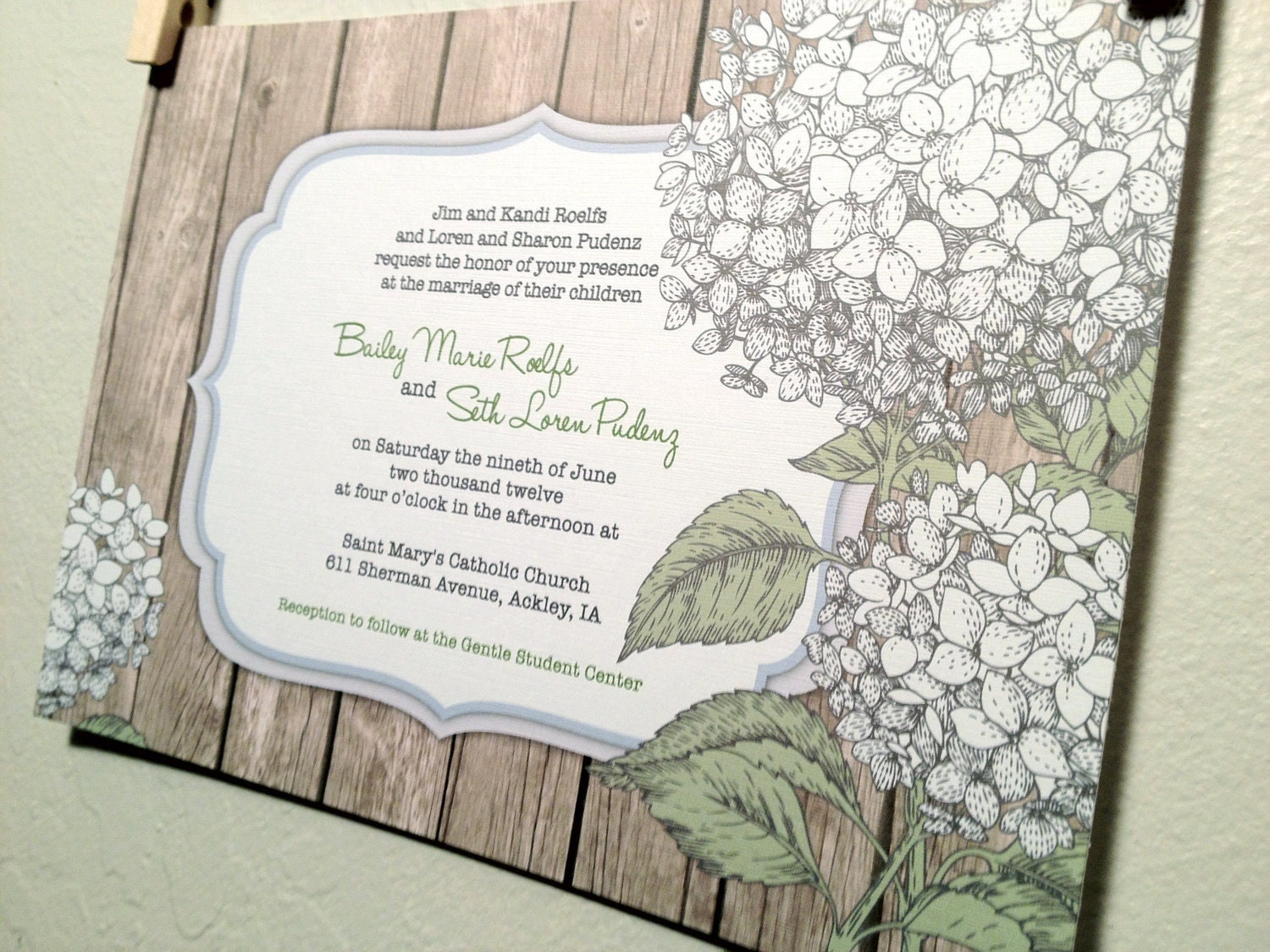 Printed Wedding Invitation and RSVP Hydrangea and wood rustic