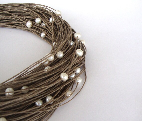 Pearls - linen necklace with white fresh water pearls, organic jewelry, summer fashion, eco style wedding necklace