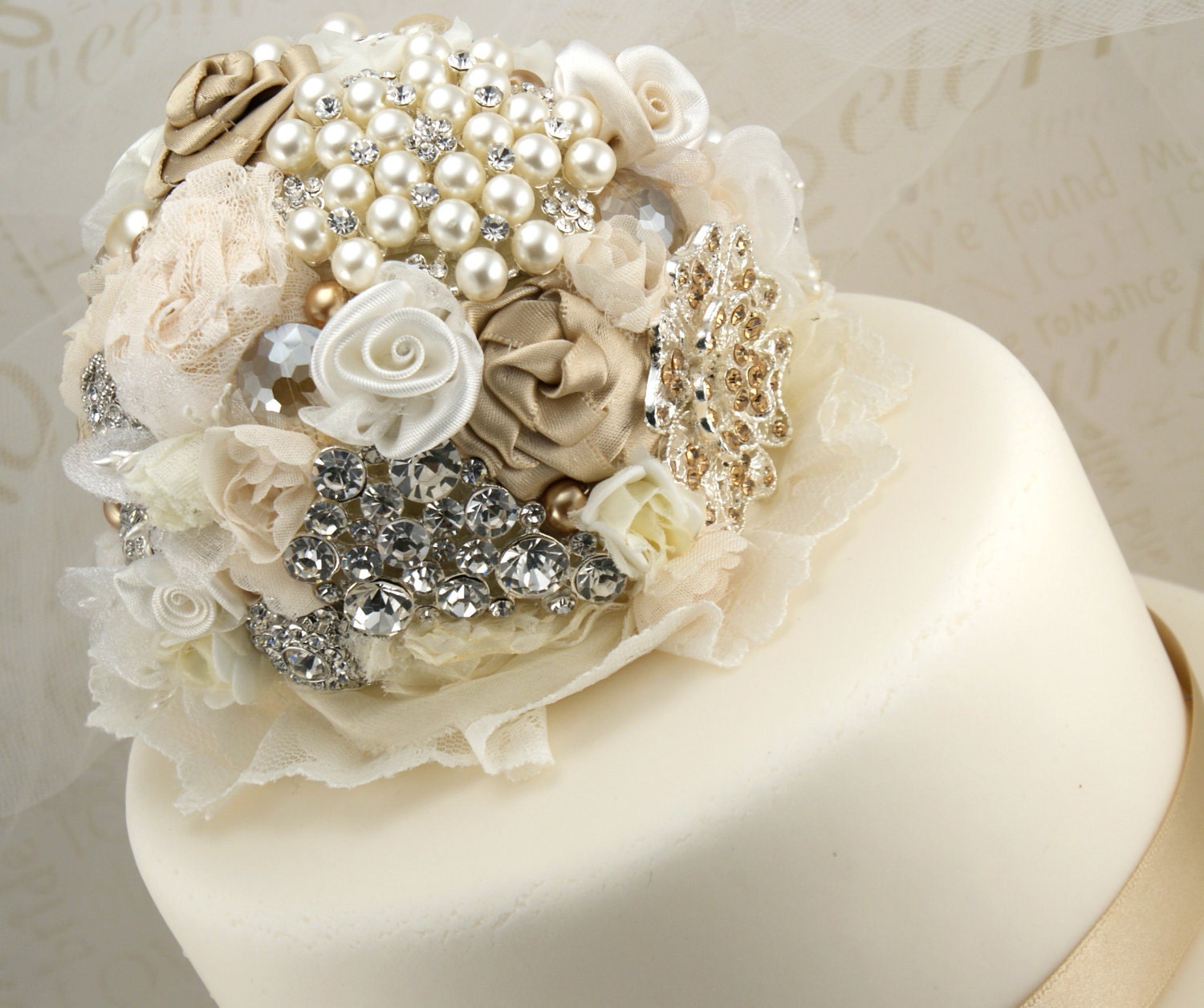 Brooch Cake Topper Wedding Jeweled Topper in Champagne Ivory and Cream 