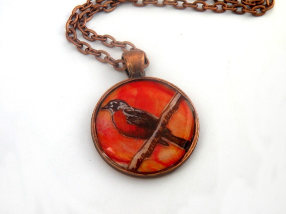 red robin necklace, hand painted, orange