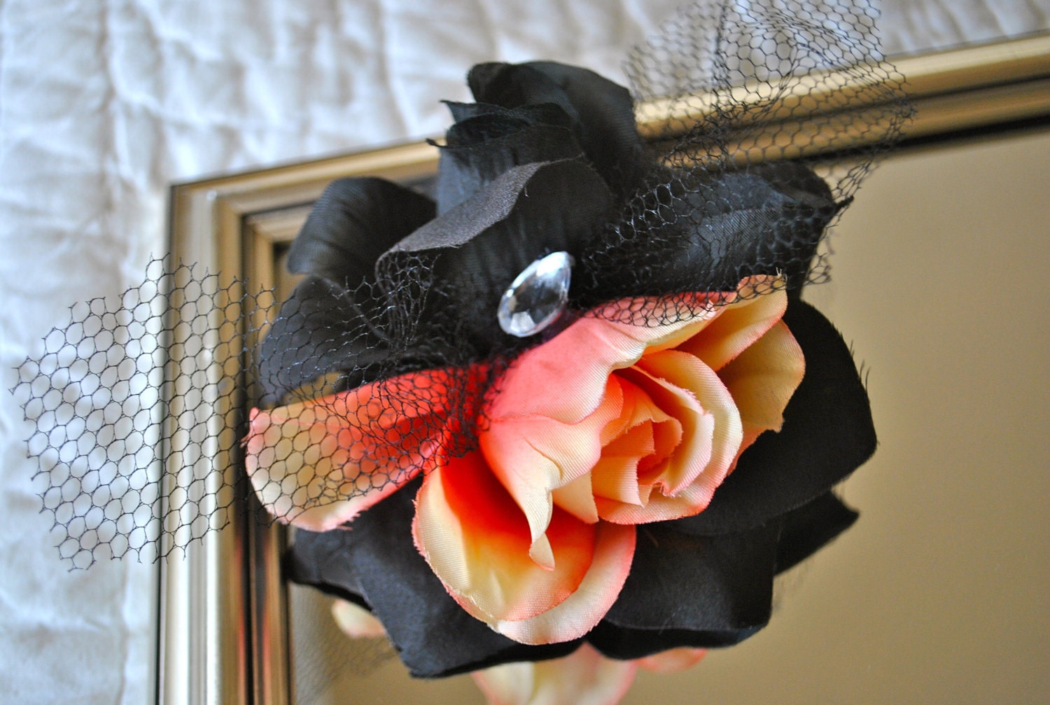 Black and Coral Double Rose Hairclip Rhinestone Wedding Salsa Dress 