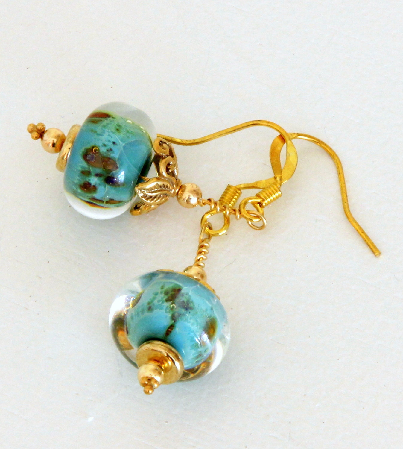 Aqua Glass Bead Earrings Lampwork Jewelry Bali Bead Caps "Inner Diva"