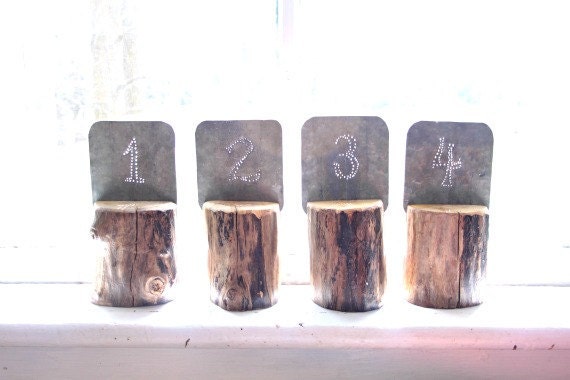 rustic wood table numbers for wedding reception with reclaimed barn tin