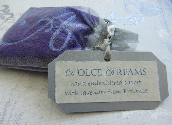 Lavender Sachet with Personalized Hand Embroidered Initial by Dolce Dreams