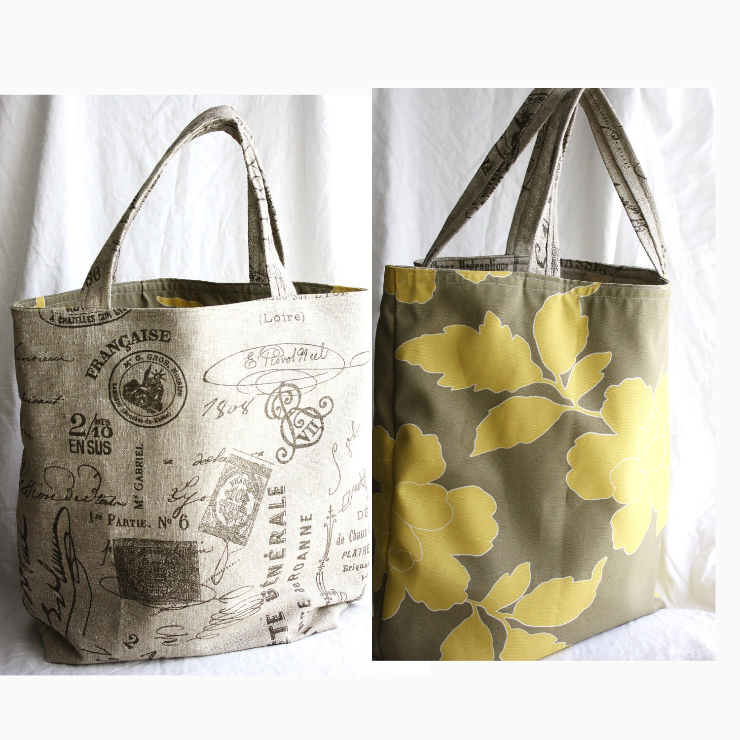 Extra Large Reversible market tote bag for groceries, books, shopping or gym. French country script with yellow & greige waterproof interior