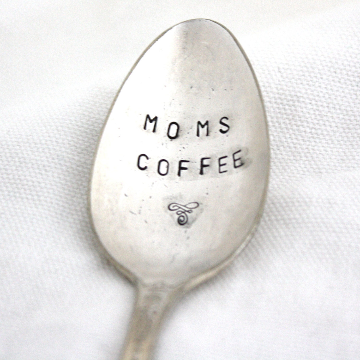 Moms Coffee spoon, shabby chic hand stamped vintage silver spoon with flourish for unique Mothers Day Gift