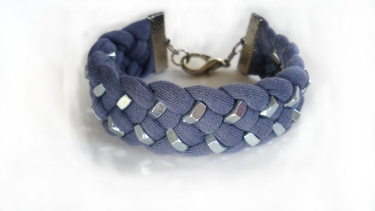 Purple Jersey Fabric Braided Bracelet with double row Silver Tone Hex Nut