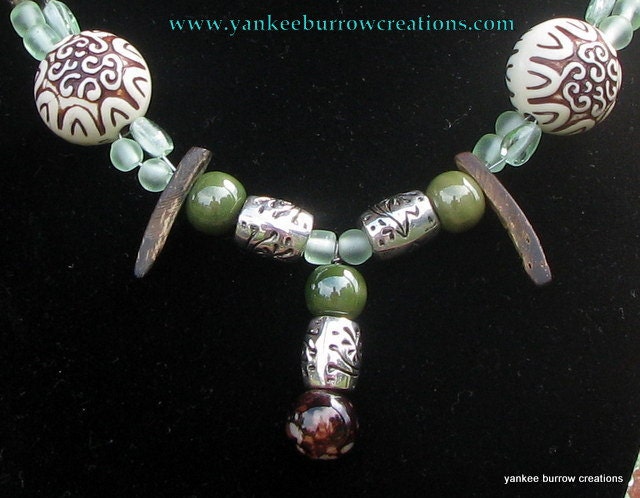 African beaded necklace, brown and green