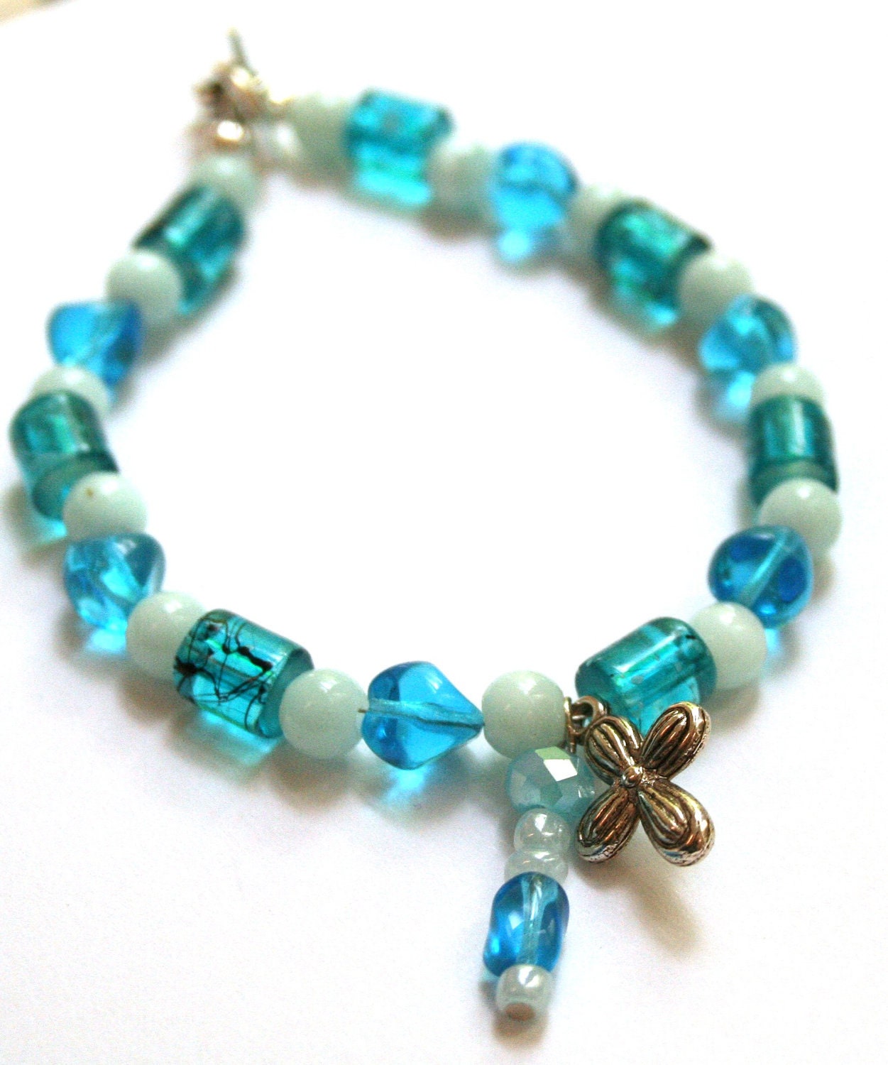 Beaded Bracelet with Cross- Blue Beads