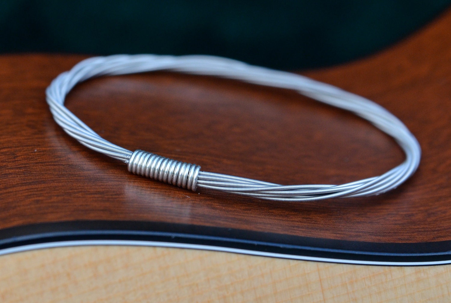 Recycled Guitar String Bangle Silver on Silver Gift for Musician or Music lover