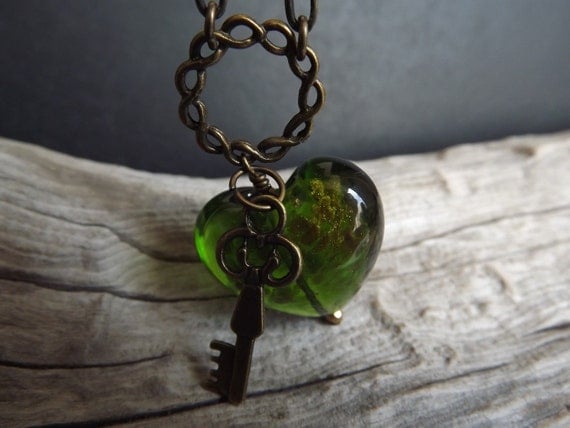 Lampworked Emerald Green Heart and Brass Key on Brass Chain