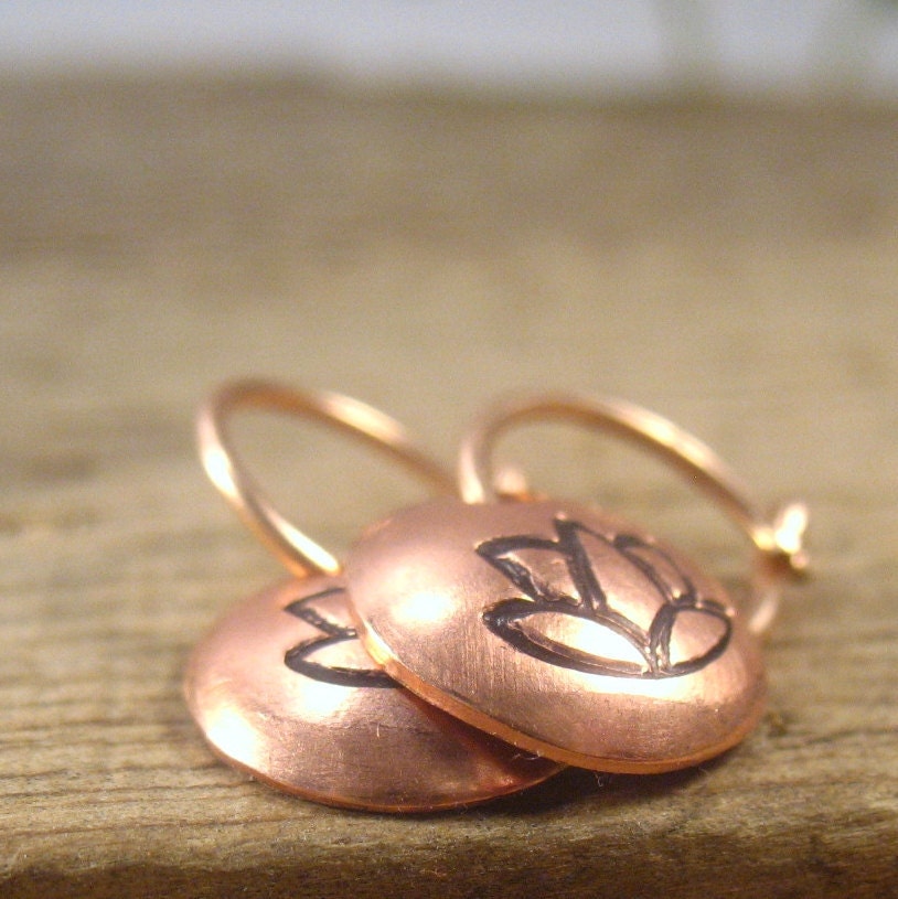 Little Hoop Earrings Lotus Dangles 14k Pink Gold by MysticMoons from etsy.com