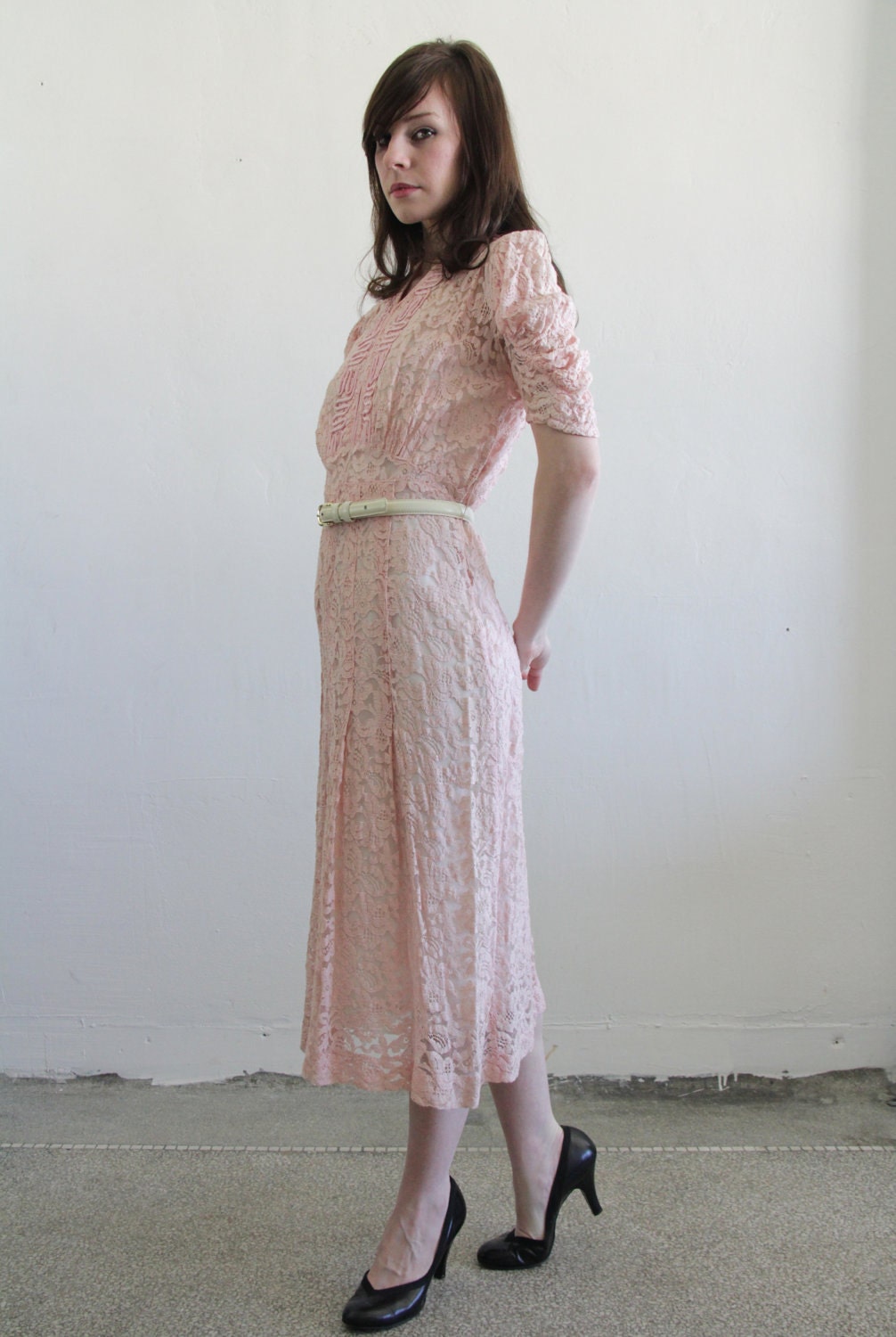 1930s Lace Gown Antique Pink Chantilly Dress Evening Attire