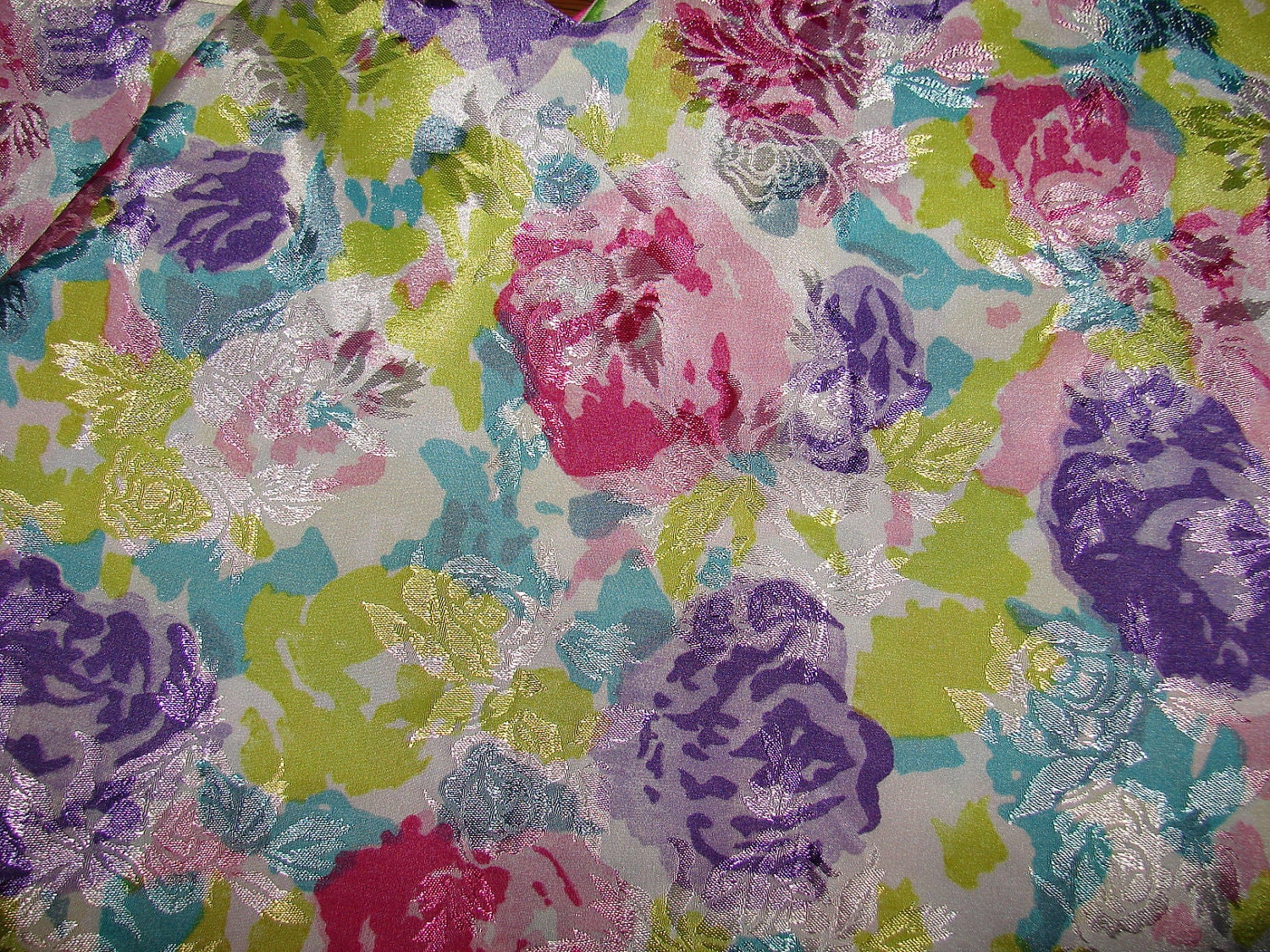 Soft Purple Pink Yellow and Turquoise Floral Jacquard Satin 3 yds