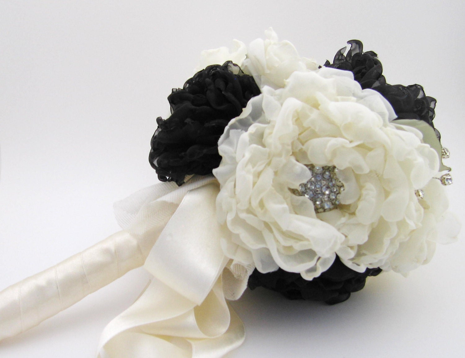 Fabric flower bridal bouquet Black and white peony country roses vintage