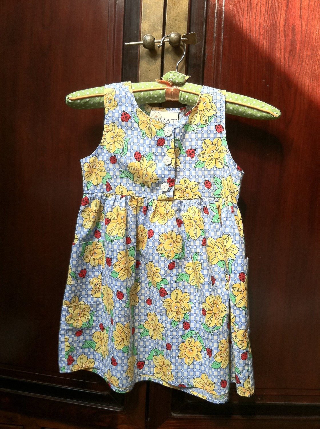Vintage Empire Waist Girl's Summer Dress Cotton Ladybugs Yellow Flowers Blue and White Checkered