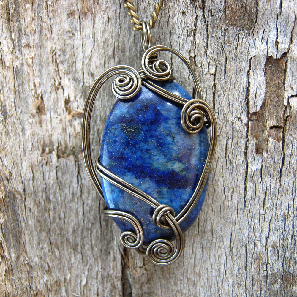 Lapis Lazuli Wire Wrapped Pendant Necklace in Gunmetal - Healing Stone