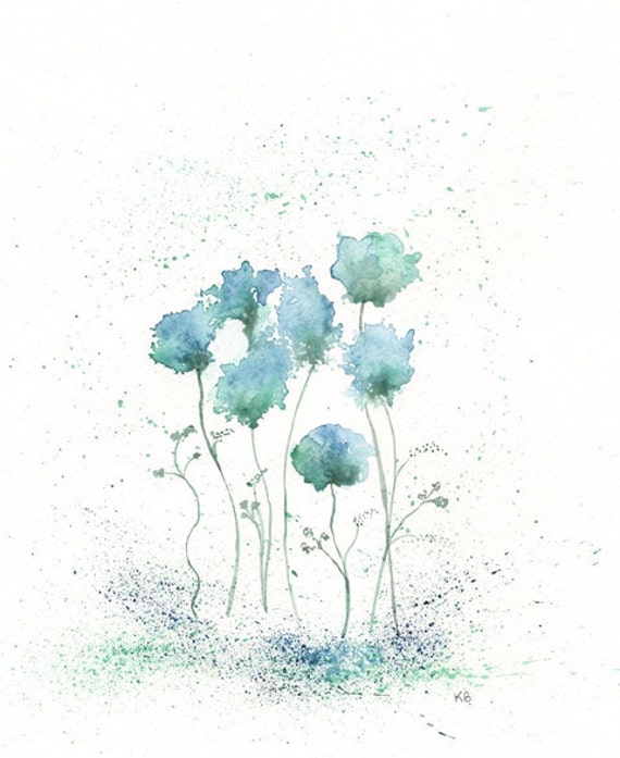 Blue Fields of Love/ Blue, Green, Flowers Watercolor Print