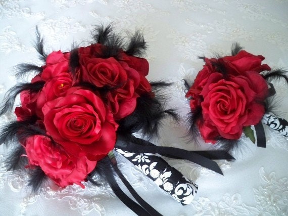 Red Silk Rose Damask Bridal Bouquet Set