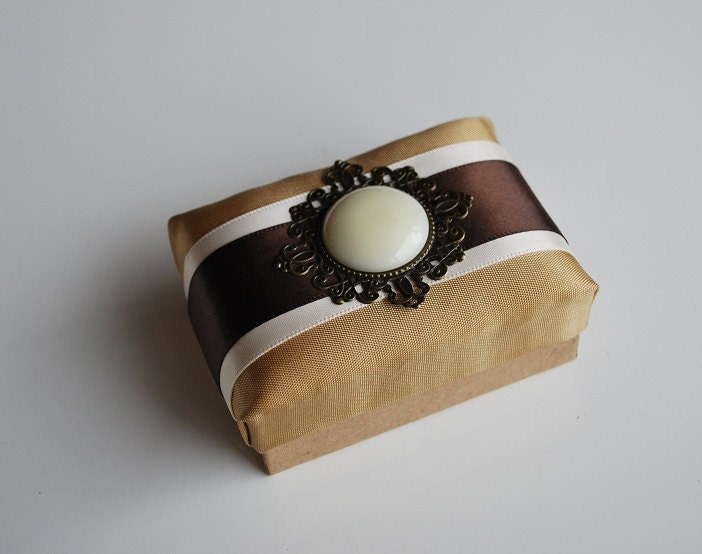 Wedding Favor Box Gold Silk with ivory and chocolate brown satin ribbon 