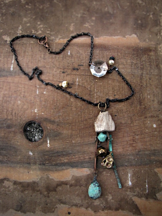 skyfather - artisan rustic necklace - turquoise - drift wood - vintage chain - eco friendly tribal sci fi