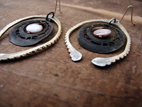 Binary - assemblage rustic earrings - hammered metal - tribal sci fi