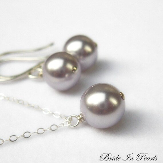 Bridesmaid Jewelry Sets - Sterling silver, Lavender pearl necklace and lavender pearl earrings