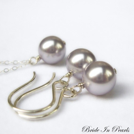 Bridesmaid Jewelry Sets - Sterling silver, Lavender pearl necklace and lavender pearl earrings
