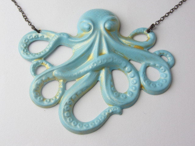 Octopus Steampunk Necklace, Handpainted Aqua Blue and Gold
