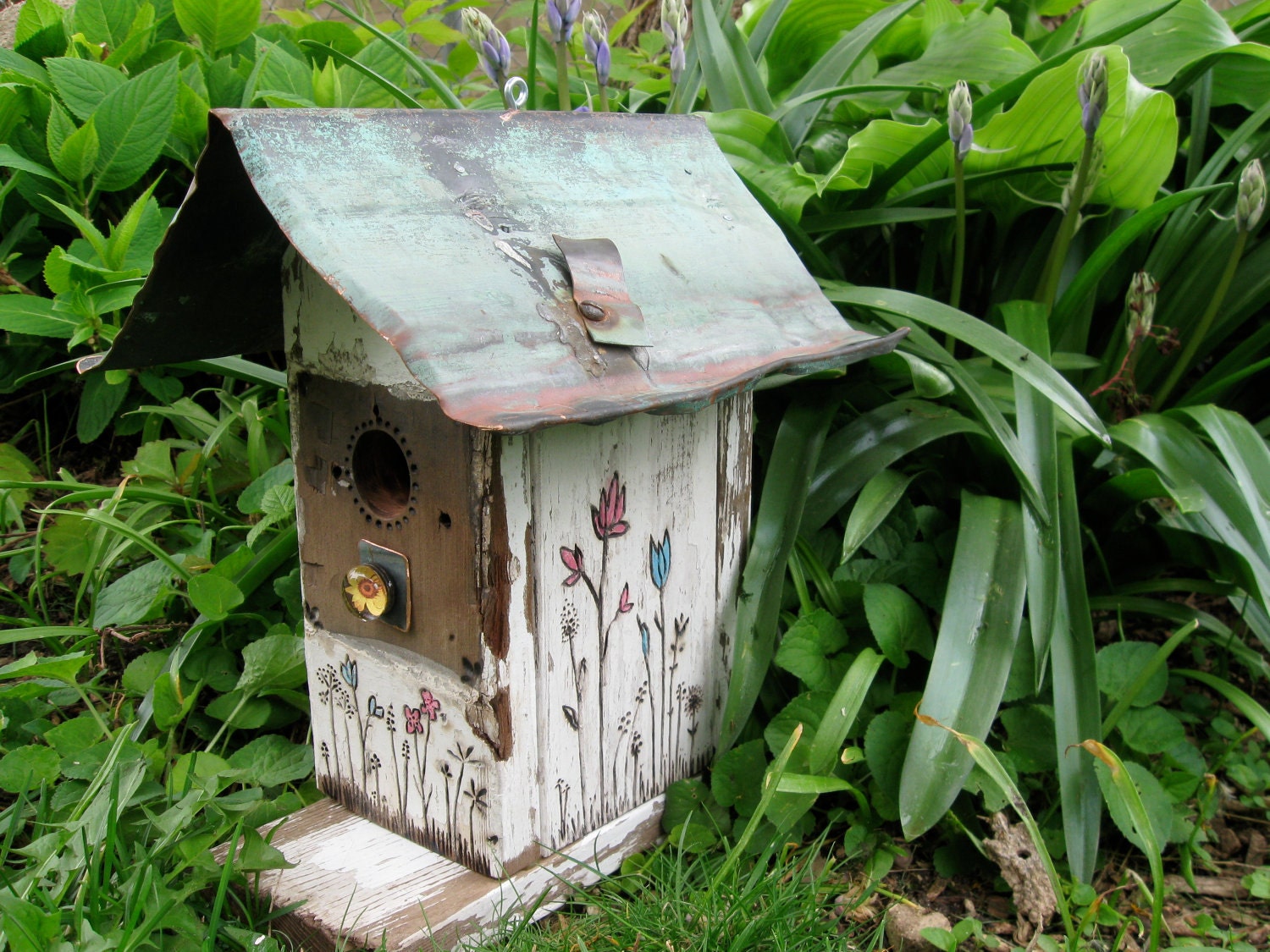 Shabby and chic wood burned with a touch of color birdhouse from up-cycled picket fence and old copper gutter