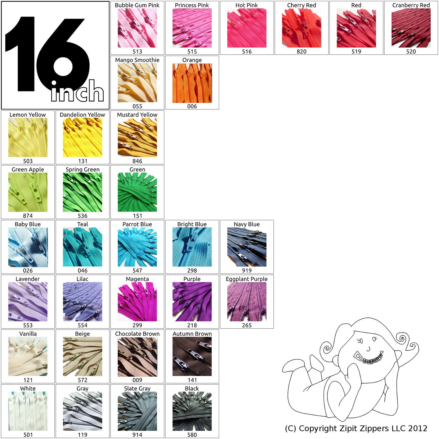 Your Choice of 10 YKK Brand 16 Inch Zippers Mix and Match cherry red orange yellow green blue gray brown cream hot pink white black purple