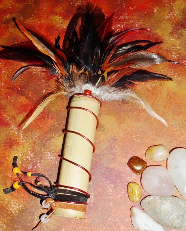 Sacred Smudge Fan- Bamboo Handle- Rooster Feathers- Arrowhead- FREE SHIPPING