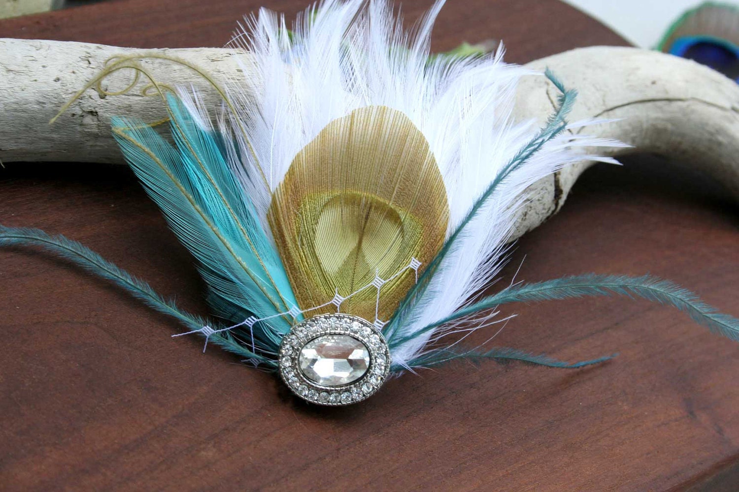 Feather fascinator Aqua Teal lime Oval Art Deco Jewel Vibrant Summer 