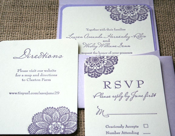 Lace Letterpress Rustic Wedding Invitation purple cream blue 
