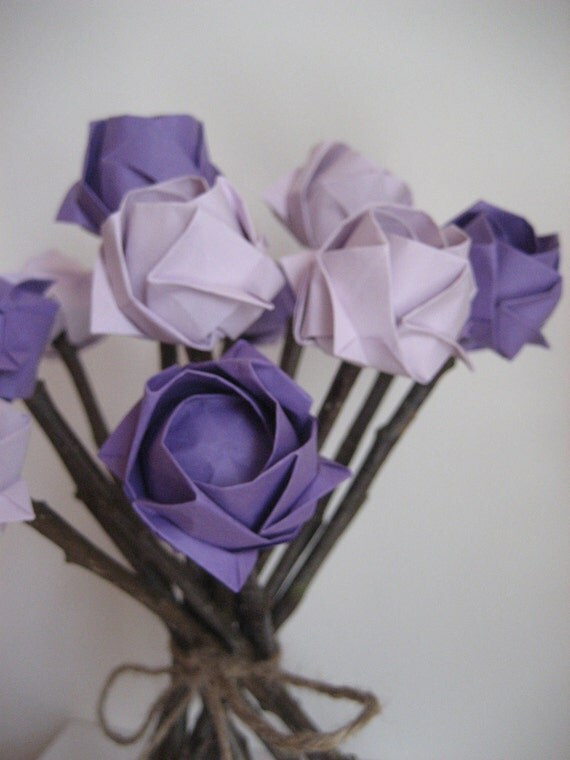 Wedding bouquet Lilac Mauve and purple origami big rose on natural sticks a