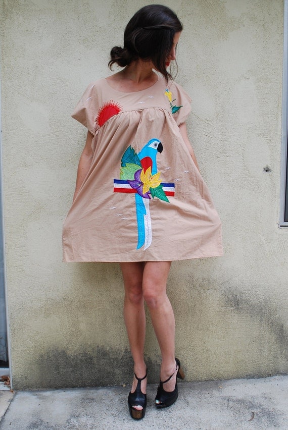 Vintage Technicolor Parrot Mexican Tent Dress (size small, medium, large)
