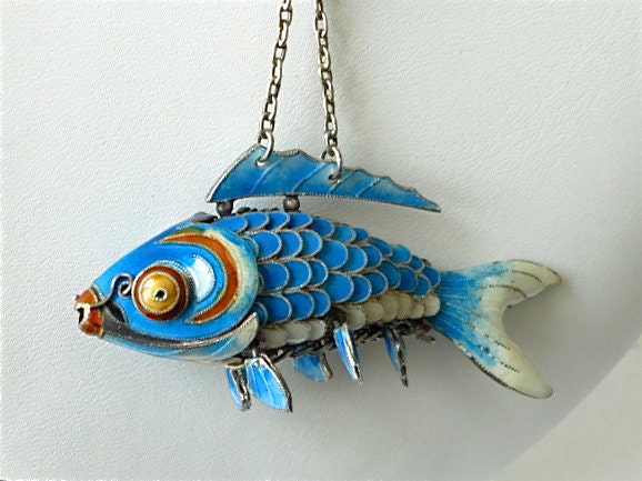 Chinese Koi fish pendant Blue enamel Articulated wiggle Carp Silver