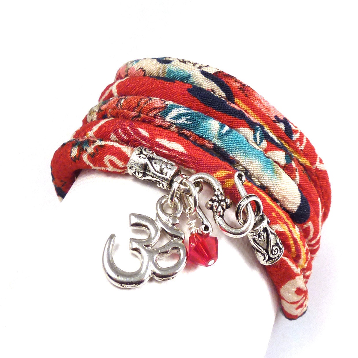Wrap Bracelet with Japanese Chirimen Cord and Om Charm,yoga jewelry,wrapped, wrapping, wrap around,wrist wrap