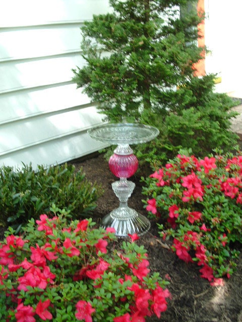 Majestic bird bath garden art "The Olympia" is made from repurposed glass. Upcycled yard art.  Vintage glass garden art.