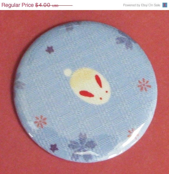 MAY SALE 31% OFF pocket mirror cute little japanese white rabbit on blue fabric covered pocket mirror