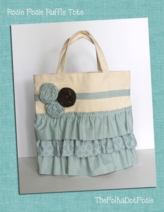 Rosie Posie Ruffle Tote in Turquoise and Brown