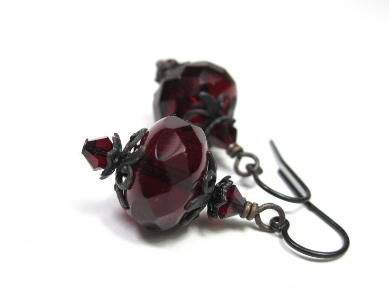 Garnet, Czech Glass, Black, Antiqued Brass, Earrings