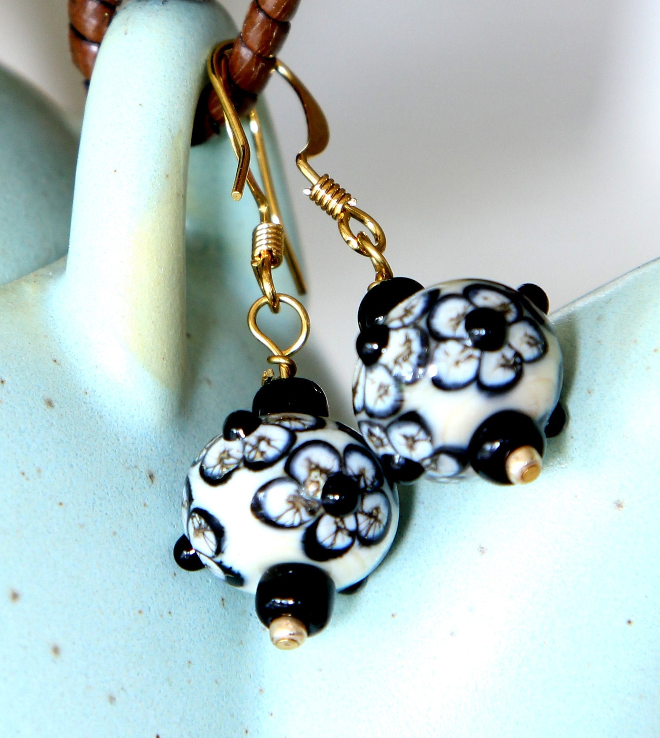 Black and White Earrings Lampwork Glass Beaded Earrings "Black Tie"