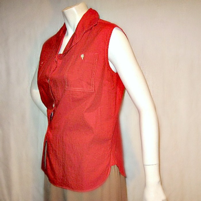 summer red vintage 50s blouse large plus sleeveless cotton cool fitted