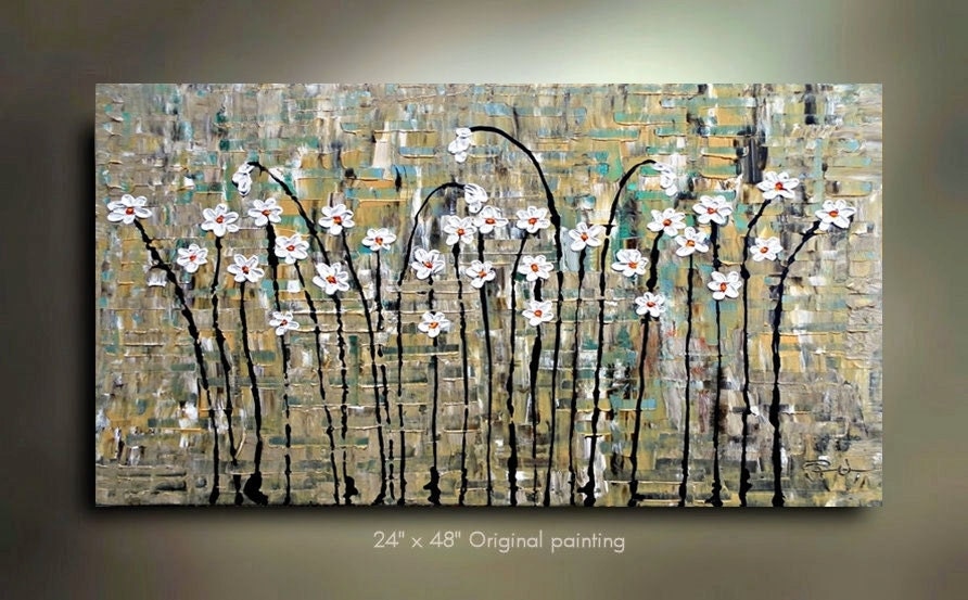 ORIGINAL White Flower Painting 48x24 Abstract Landscape Artwork Flowerscape Heavy Textured Modern Contemporary art Made to Order by OTO