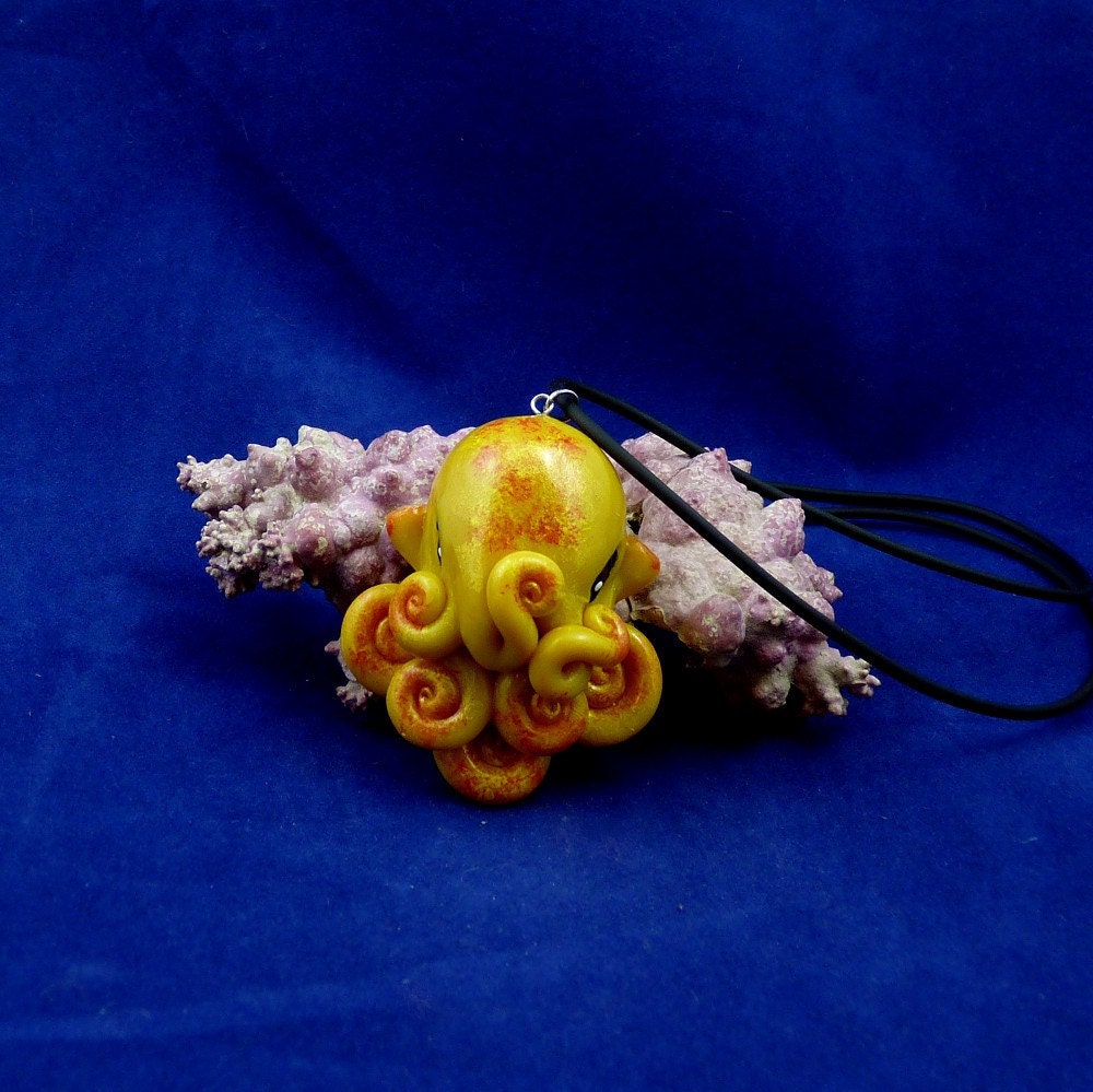 Solar Flare Octopus Necklace - Yellow Polymer Clay Cephalopod Jewelry