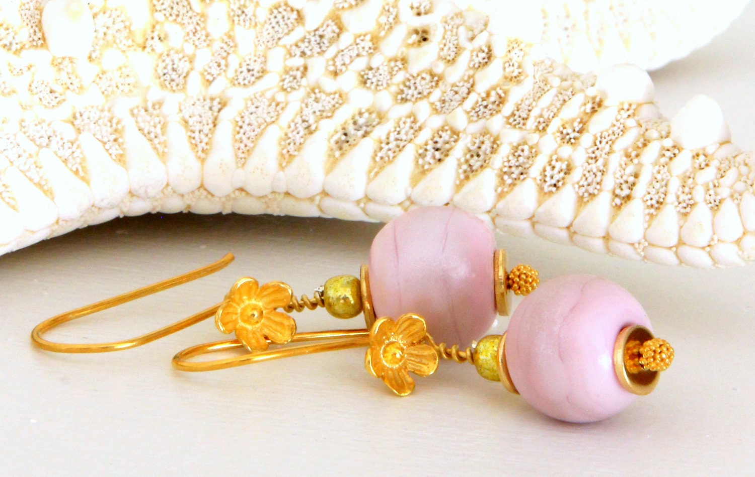 Blush Pink Earrings Glass Bead Earrings GF Flower Wires