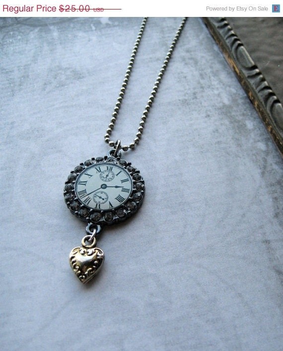 20% off EVERYTHING Steampunk Blue Rhinestone Clock choker Necklace silver heart charm vintage victorian