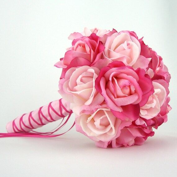 Bridal Bouquet Pink Real Touch Roses Silk Wedding Flowers Light Hot Pink