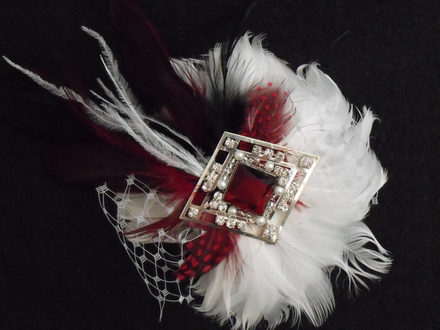  Black FeatherWhite Feather and RedFrench netting accents Newly 